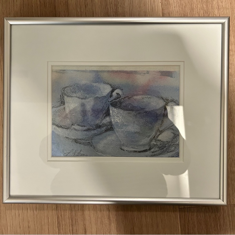 Louise Williams -Framed Teacup Watercolor Print in Soft Blue and Lavender